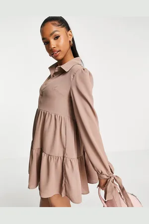 In The Style X Dani Dyer tiered shirt dress with bow detail cuffs in taupe