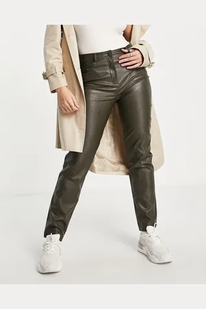 VILA Leather look straight leg trousers in khaki
