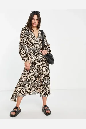 MANGO Lace up front midi dress in animal print