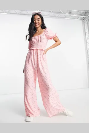 Miss Selfridge Shirred puff sleeve jumpsuit in spot