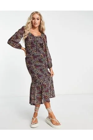 The Frolic Square neck midi tea dress with mesh sleeves in ditsy floral