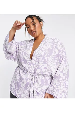 ASOS Women Kimonos - ASOS DESIGN Curve kimono with tie in white & purple floral outline print