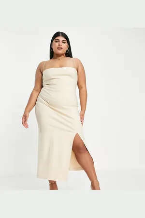 Vesper Cami strap midi bodycon dress with thigh split in ecru