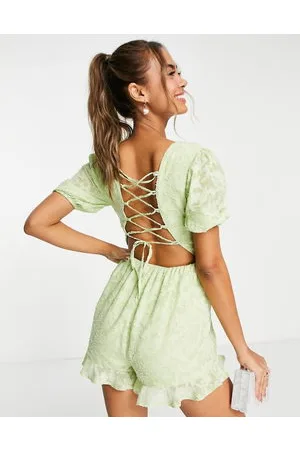 Miss Selfridge Textured lace back wrap playsuit in sage