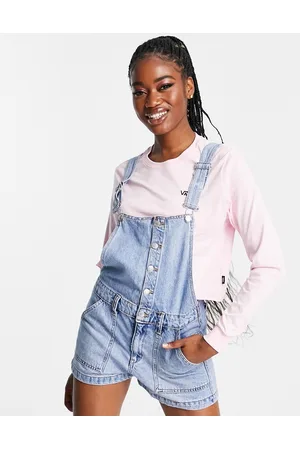 Pull&Bear Dungaree denim playsuit with button front detail in