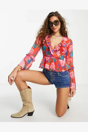 Topshop Crinkle chiffon ruffle wrap printed blouse in