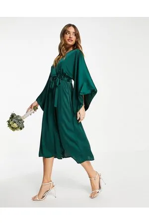 TFNC Bridesmaid kimono sleeve satin wrap midi dress in emerald