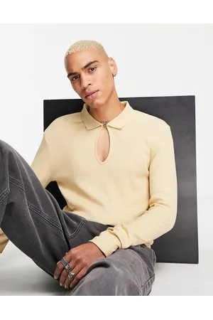 ASOS Men Polo Shirts - Muscle long sleeve rib polo with clasp in beige