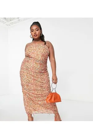 Pretty Lavish Ruched bandeau midaxi dress in ditsy brown floral