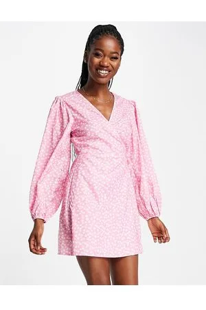 Glamorous Long sleeve wrap mini dress in pink ditsy floral