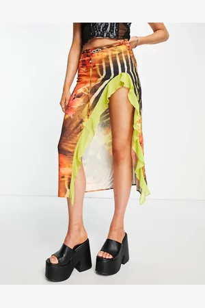 Jaded London Low waist midi skirt with frilly split in spring print