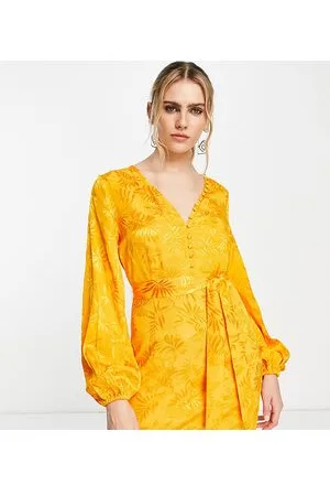 VILA Exclusive satin jacquard mini dress with button front in bright