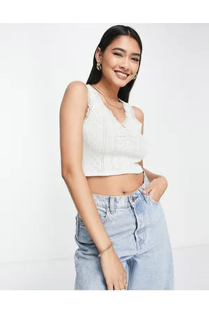ASOS Women Crop Tops - Pointelle vest top with lace trim and rose detail in sage