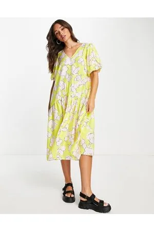 Y.A.S Y.A.S puff sleeve smock midi dress in yellow floral