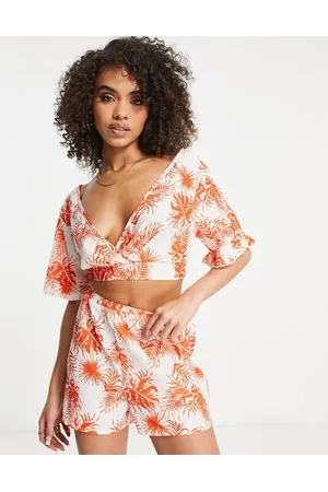 Parisian Flutter sleeve crop top co-ord in orange tropical floral