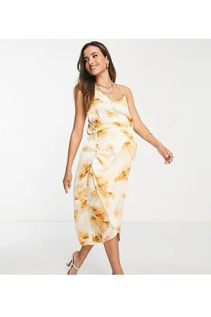 Missguided Asymmetric satin midi dress in cream tie dye
