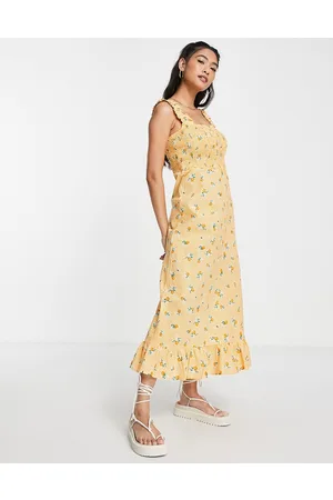 Y.A.S Y.A.S shirred midi dress with peach print in