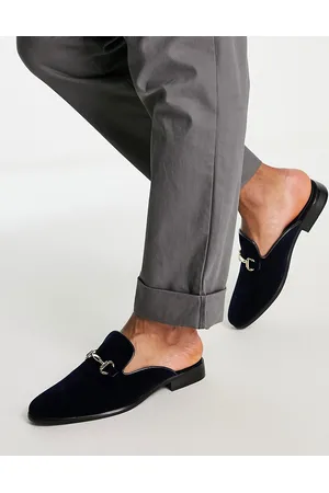 London Rebel Men Sandals - Faux leather trim mules in navy velvet