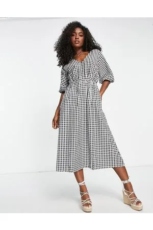 MANGO Lace up back puff sleeve midi dress in gingham print