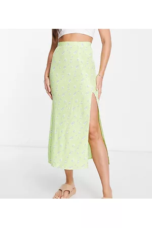 ASOS Women Printed Skirts - ASOS DESIGN Tall midi slip skirt with thigh split in lime floral print