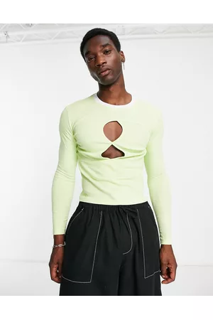 ASOS Men Long Sleeve - Long sleeve muscle t-shirt in lime with cut outs and contrast ringer