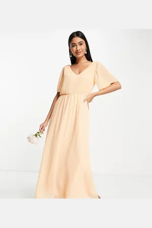 VILA Bridesmaid Exclusive maxi dress with fluted sleeves in apricot plisse