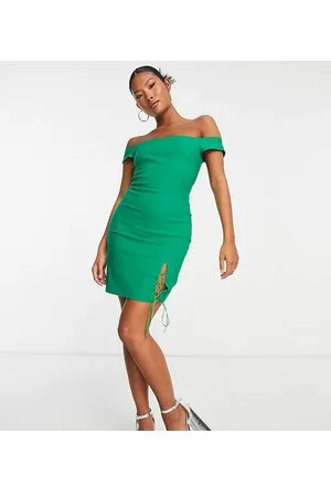 Vesper Bardot mini dress with lace up side detail in emerald