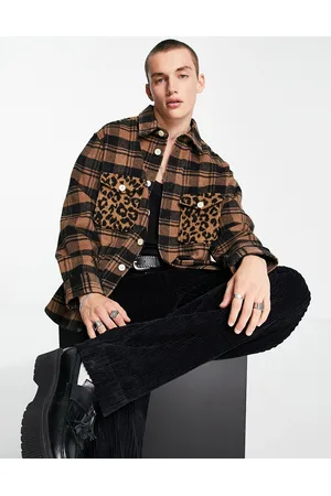 AllSaints Men Shirts - Glasco check overshirt in beige and brown with leopard print details