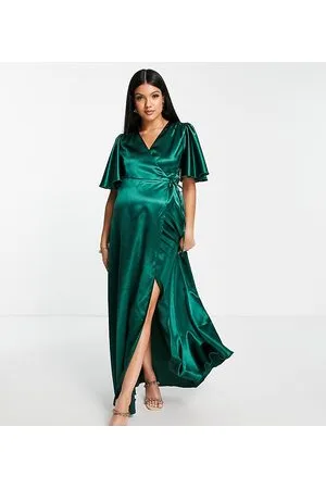 Little Mistress Flutter sleeve satin maxi dress in emerald