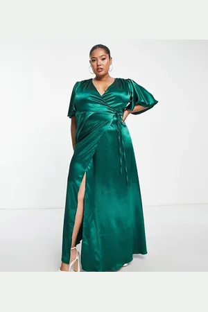 Little Mistress Flutter sleeve satin maxi dress in emerald