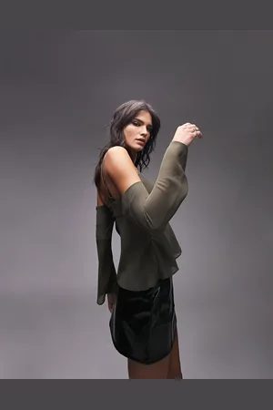 Topshop Cold shoulder strappy long sleeve top in khaki