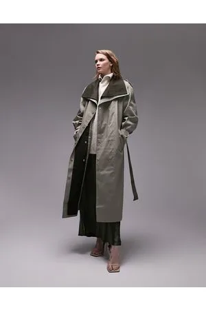 Topshop Tailored double layered funnel neck trench in sage