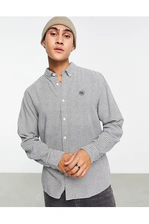 Pretty Green Micro houndstooth long sleeve shirt in beige
