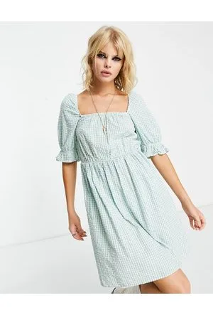 ONLY Mini dress with square neck and puff sleeve in gingham