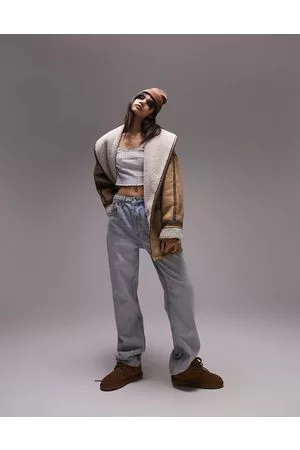 Topshop Oversized faux shearling car coat in tan