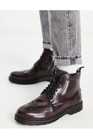 Ben Sherman Leather chunky brogue boots in burgundy