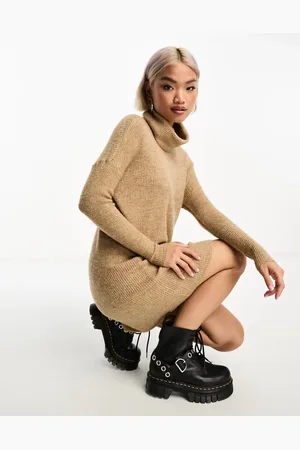 ONLY Roll neck knitted mini jumper dress in beige