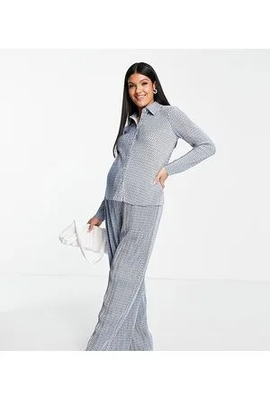 Glamorous Glamorous Maternity wide leg plisse trousers in blue spot co-ord