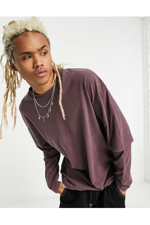 ADPT. Men Long Sleeve - Oversized washed double layer t-shirt in burgundy