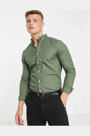 New Look Long sleeve muscle fit oxford shirt in dark khaki