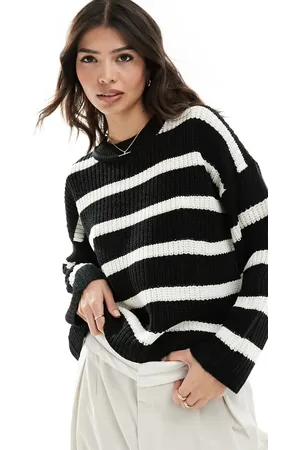JDY Knitted crew neck jumper in beige & black stripe