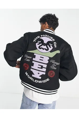 Obey Time varsity bomber jacket in with chest and back embroidery