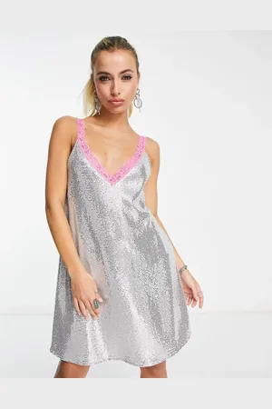 Flounce London Mini metallic sparkle cami dress with contrasting lace trim
