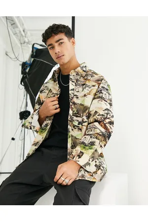 River Island Men Long sleeves - Long sleeve printed fleece overshirt in ecru