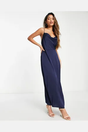 VILA Bridesmaid satin cowl neck maxi dress in blue