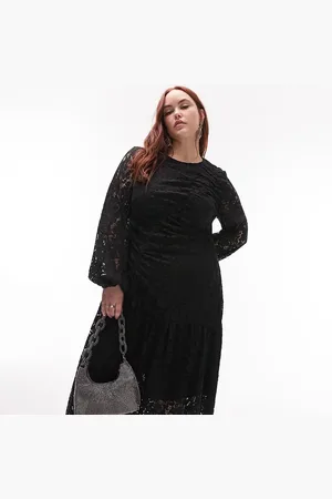 Topshop Ruched lace long sleeve midi dress in