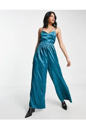 Urban Threads Wide leg cami strap satin jumpsuit in teal