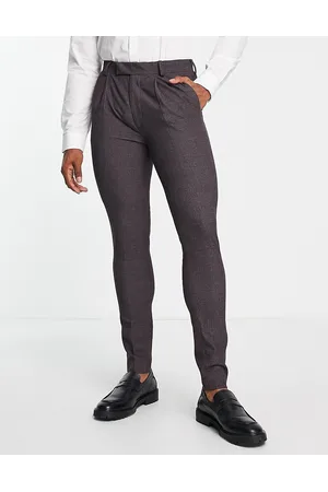 Noak Men Skinny Pants - Super skinny premium fabric suit trousers in burgundy micro-texture