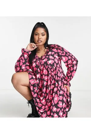 Yours Tie front midi dress in pink leopard print