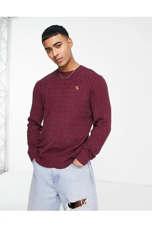 Abercrombie & Fitch Icon logo cable knit jumper in burgundy marl